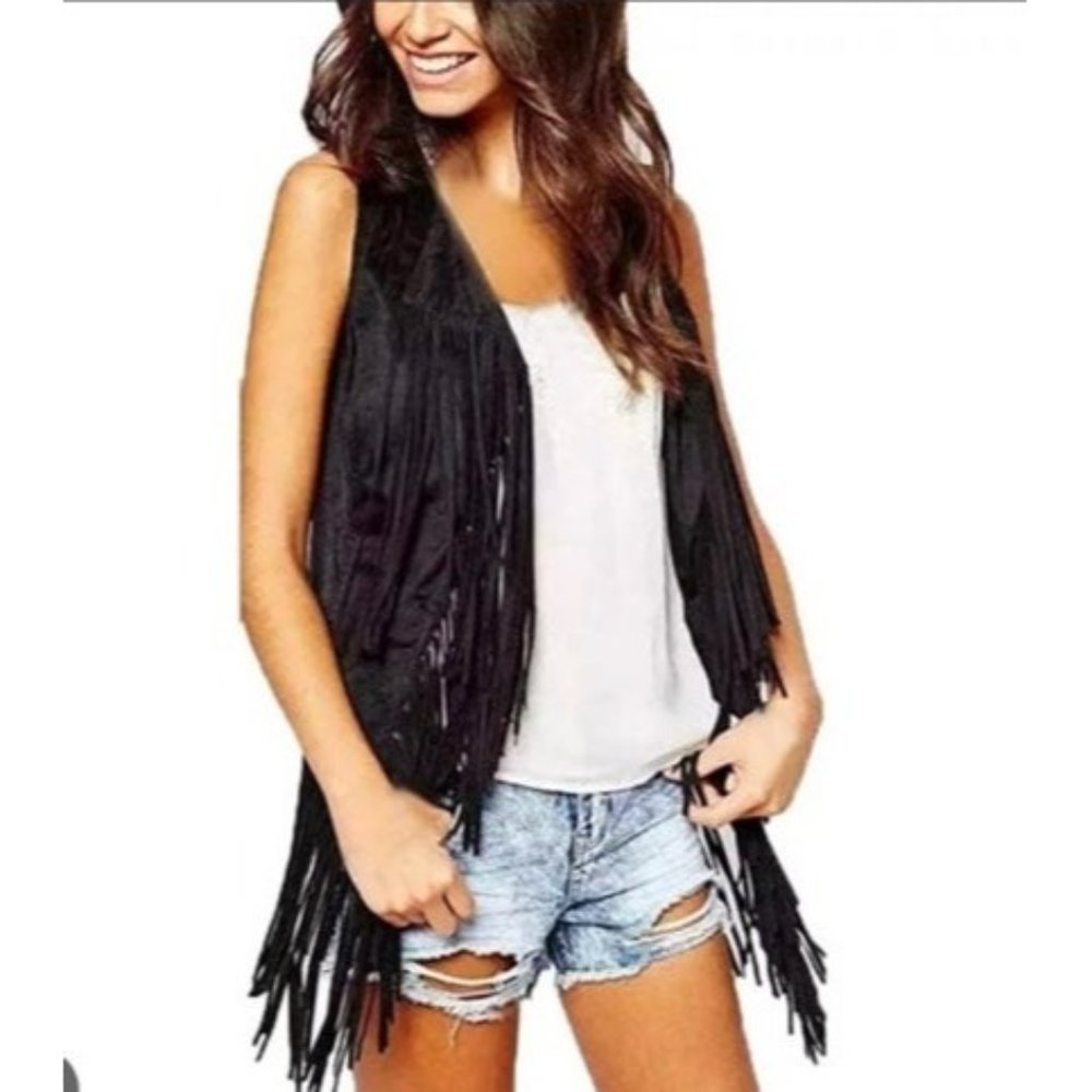 Cardigan vest suede tassels fringe black boho fashion